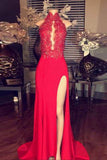 Red Prom Dresses,high neck Prom Gown,formal evening dress,split Prom Dress