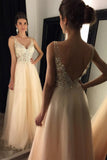 New V-Neck Beaded Long A-line Tulle Backless Prom Dress With Appliques OK812
