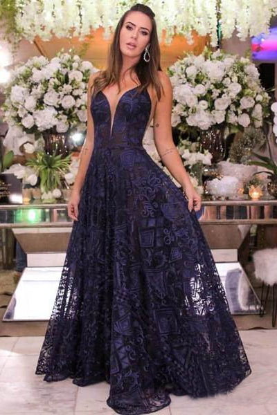 Navy Blue Lace Long Prom Dresses Spaghetti Strap V Neck Cheap Formal Dresses OKI20
