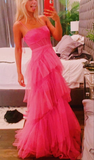 Hot Pink A Line Ruffles Tulle Prom Dress Long Evening Party Gowns OK1609