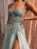 Mint Green Tulle Lace Appliques Long Prom Dress A Line Formal Evening Dress OK1395