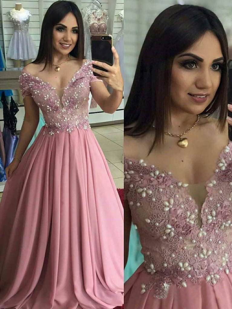 Off the Shoulder Dusty Rose Long Prom Dress Pearl Lace Formal Dress OKO98