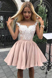 Cap Sleeves Dusty Pink Cheap Homecoming Dress A-line Short Prom Dress With White Lace OKY60