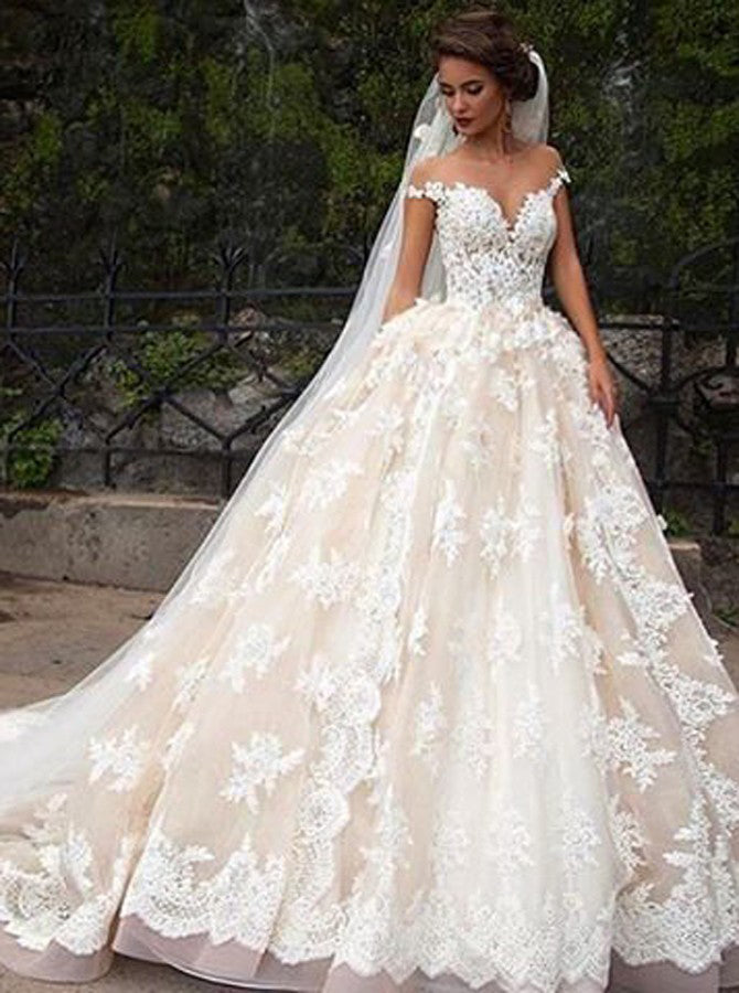 Romantic Jewel Cap Sleeves Ball Gown Wedding Dresses with Lace Top OKB09