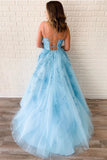A-line Spaghetti Straps Sky Blue Tulle Prom Dress With Appliques OKU27