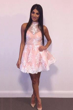 Cute A-line Halter Pink Short Homecoming Dress Lace Appliques OKA91