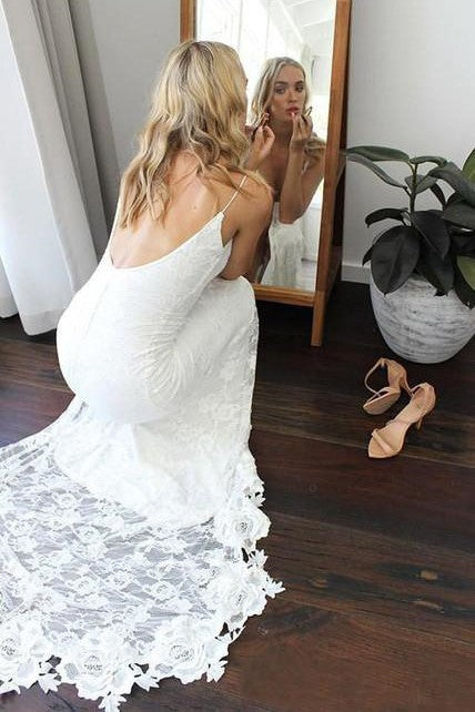 Mermaid Backless Lace Boho Wedding Dresses with High Thigh Slit OK1589