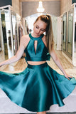 Unique Two Pieces Short Dark Teal Satin A Line Homecoming Dress with Bow OKC26