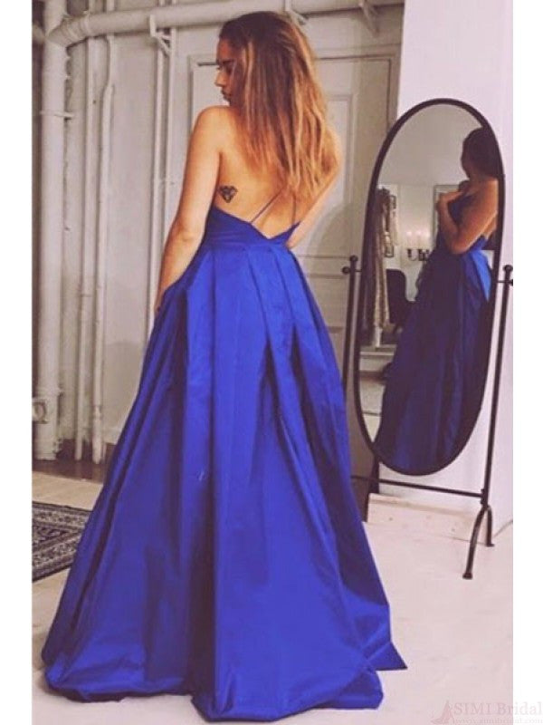 Simple Royal Blue V-neck Cheap Open Back A-line Prom Dress K696