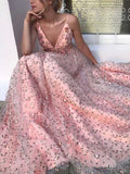 Pink Floral A Line Lace Long V Neck Spaghetti Strap V Neck Formal Prom Dresses OKH68