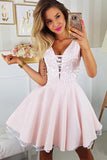 Pink Appliqued A Line Homecoming Dress V Neck Short Hoco Dress OKO9