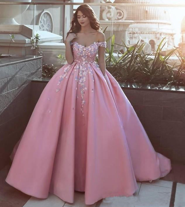 Pink Off the Shoulder Ball Gown Lace Appliques Satin Prom Dresses OK903