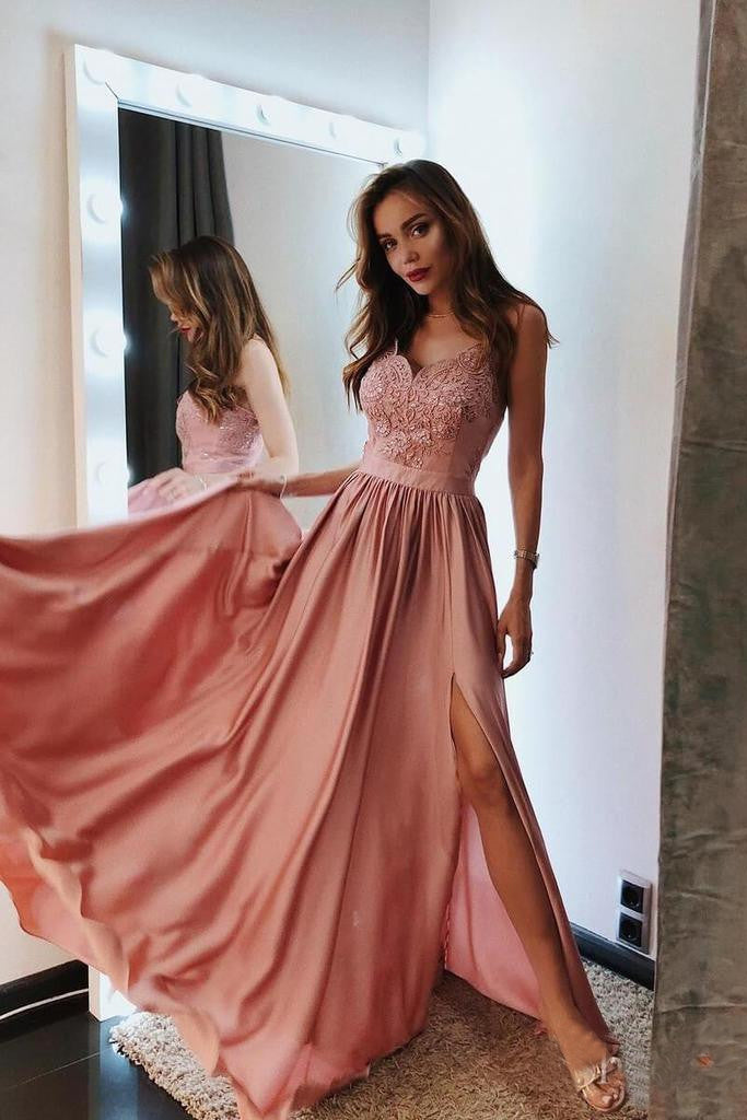 Pink V Neck Long Prom Dress Lace Spaghetti Straps Prom Dress with Slit OKI1