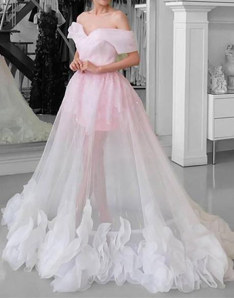 Unique A-line Off the Shoulder Pink Tulle Long Prom Dress Formal Evening Dress OKY75