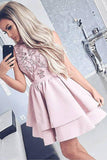 Pretty Bateau Short Pink Satin Homecoming Party Dress with Appliques OKO51