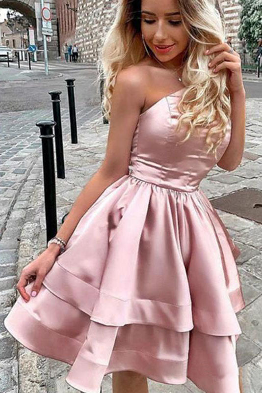 Princess A Line One Shoulder Pink Short Homecoming Dress OKO47