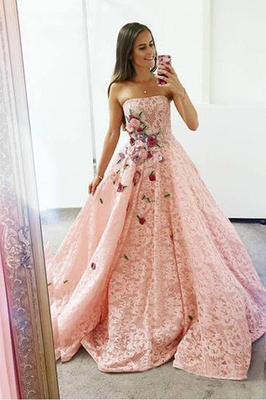 Strapless Pink Lace Long Ball Gowns with Floral Embroidery Cheap Prom Dresses OKJ33