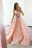 Strapless Pink Lace Long Ball Gowns with Floral Embroidery Cheap Prom Dresses OKJ33