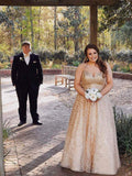 A Line Gold Lace Formal Prom Dress Long Prom Dresses OKO86