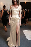 Sheath/Column Off-the-Shoulder Short Sleeves Long Slit Prom Dresses OK1854