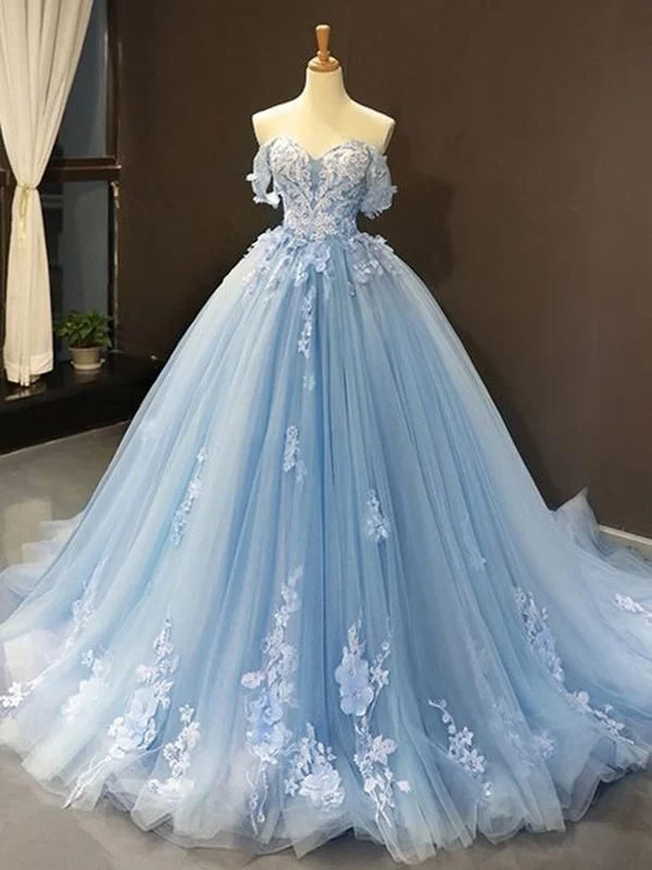Ball Gown Tulle Off-the-Shoulder Sleeveless Appliques Princess Prom Dresses OK1856