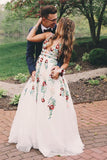 Charming V Neck Floral Embroidery Long Lace Prom Dresses with Pocket N1482