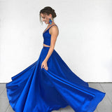 Sexy Royal Blue Two-Piece Long Prom Dresses,Simple Satin Blue Formal Evening Dress OK414