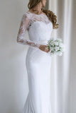Elegant Lace Long Sleeves Sweep Train White Mermaid Wedding Dresses OKA46