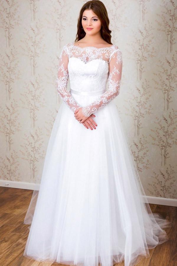 Simple A-line Long Sleeves White Tulle Lace Top Long Wedding Dress OKA47