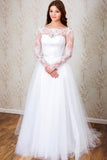 Simple A-line Long Sleeves White Tulle Lace Top Long Wedding Dress OKA47