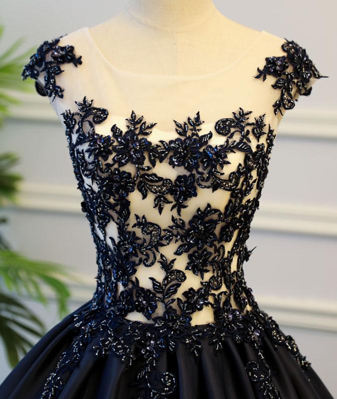 Generous Puffy A-Line Cap Sleeves Lace-up Black Satin Long Prom Dresses with Appliques OK782