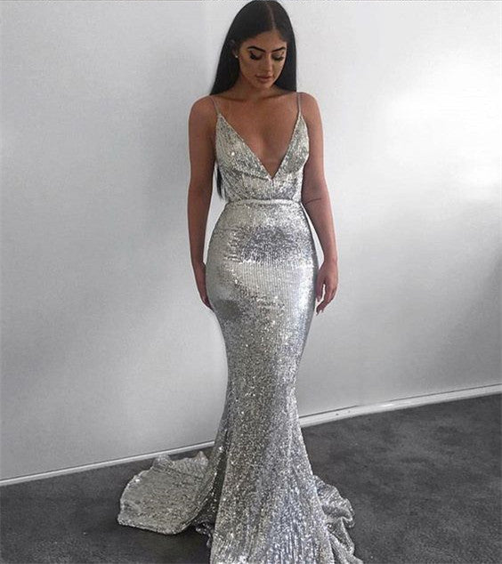 Silver Mermaid Sequined Deep V Neck Backless Prom dress OK907