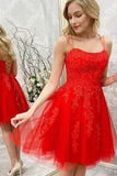 Cute Straps Red Lace Applique Tulle Homecoming Dress Short Prom Dress OKX83