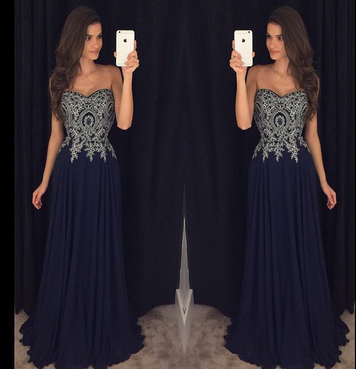 Sweetheart Navy Blue Appliques Chiffon Long Prom Gowns OK866
