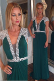 Beaded Dark Green Long V-neck High Low Chiffon Backless Prom Dress K671