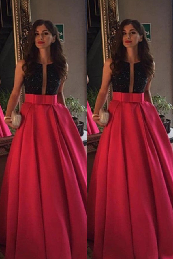 Modest Red Beading Long A-line Satin Prom Dresses Evening Dress Party Dresses K665