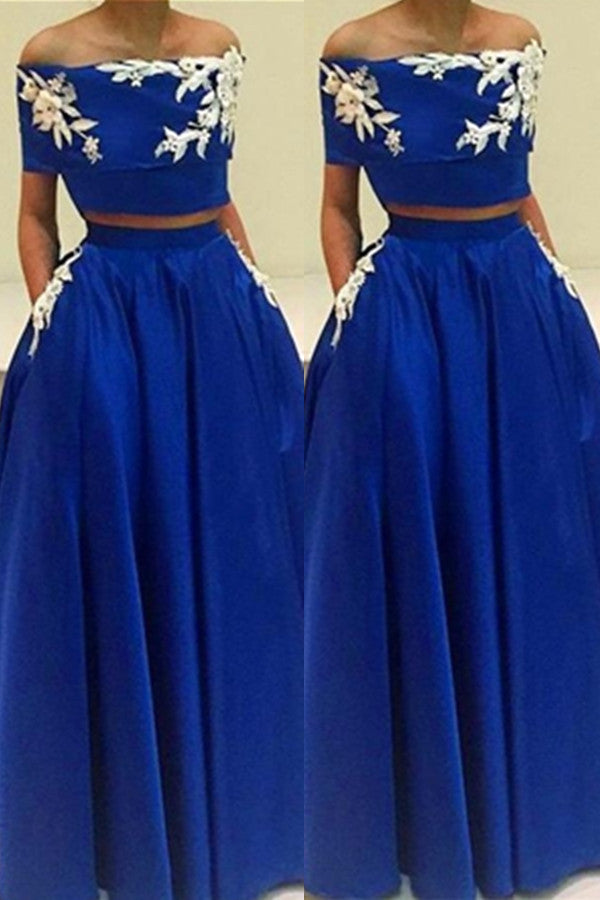 Boat Neckline Royal Blue Half Sleeves Two Pieces A-line Prom Dress K673