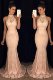 New Arrival Pink Lace High Neck Mermaid Prom Dress OK129