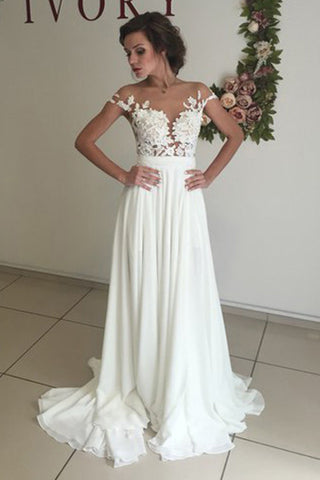 Elegant White Chiffon Wedding Dress with Appliques, Sweep Train A Line Wedding Dress