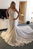 New Elegant Halter Mermaid Lace Sleeveless Wedding Dresses with Sash OKE31