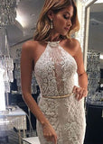 New Elegant Halter Mermaid Lace Sleeveless Wedding Dresses with Sash OKE31