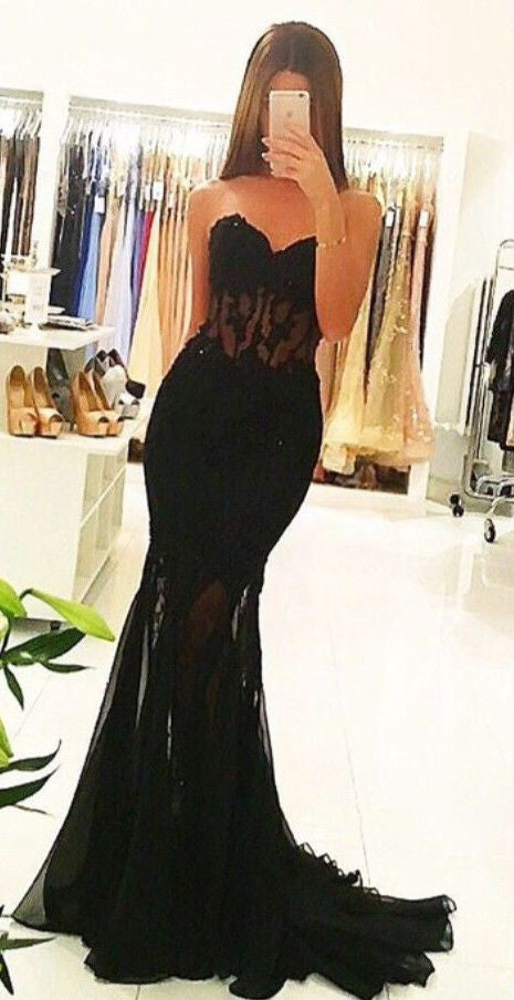 Black Sweetheart Mermaid Sexy Lace Prom Dress,Long Black Evening Dress OK174
