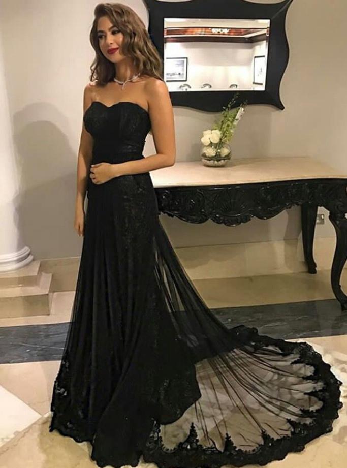 Sweetheart Black Tulle Lace Long Prom Dress For Teens,Graduation Party Dresses OK884