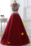 Two Pieces Burgundy Long A-line Satin Beaded Pretty Prom Dress K695