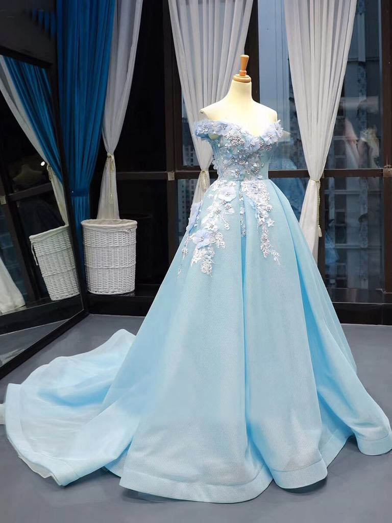 Light Blue Off the Shoulder Ball Gowns Prom Dresses with 3D Flowerss OKV2