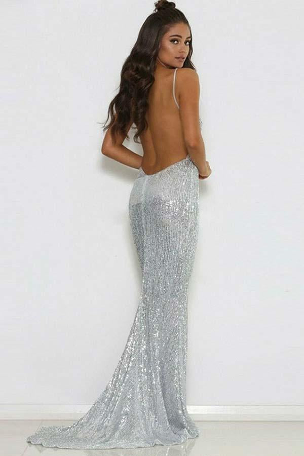 Silver Mermaid Sequined Deep V Neck Backless Prom dress OK907