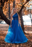 Blue One Shoulder Tulle A Line Lace Appliques Long Prom Dress, Formal Evening Dress OK1967