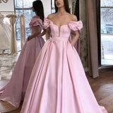 Pink Puffy Sleeves Satin Prom Dress A-line Long Party Evening Dress With Pockets OKV68