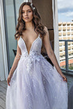 White Deep V Neck Beach Wedding Dress Spahetti Straps Lace Bridal Dresses OKP89