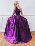 Cheap Purple Backless Long Prom Dress With Pockets OKK51